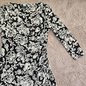 Lauren Ralph Lauren Black White Ruched Floral Sheath Dress V Neck 3/4 Sleeve 8